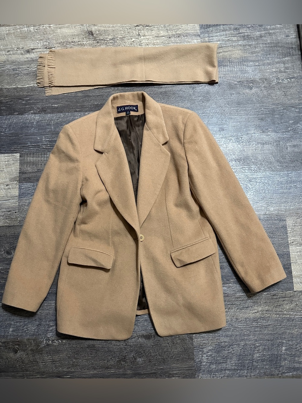 Vintage J.G. Hook Wool/Cashmere Blazer Jacket & Matching Scarf Set Camel Tan 12